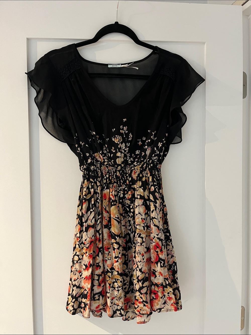 Madewell Black Floral Mini Dress with Cream and Red Accents